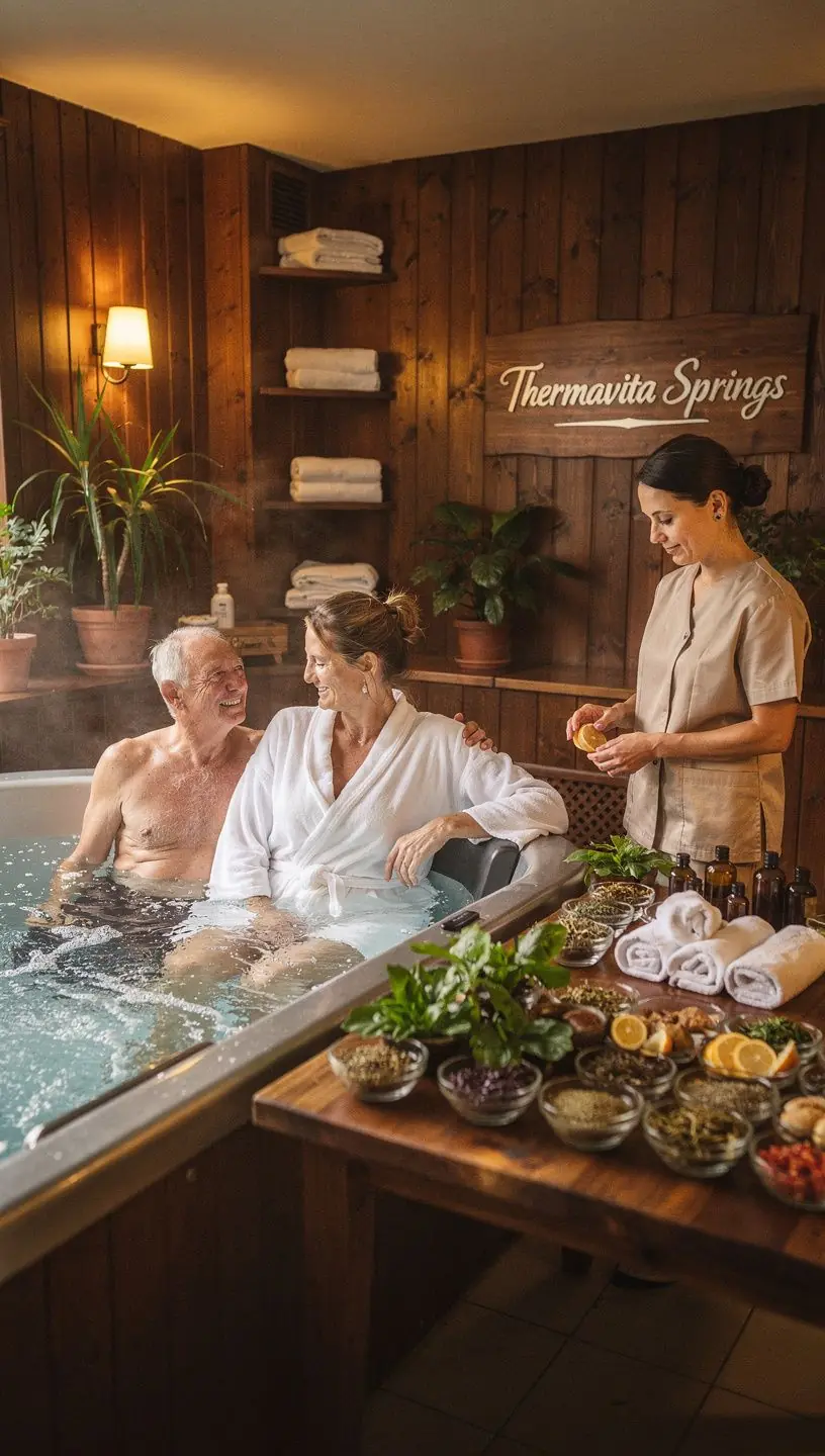 Visitors delighting in the warm, natural hot springs, with steam rising in the fresh air.